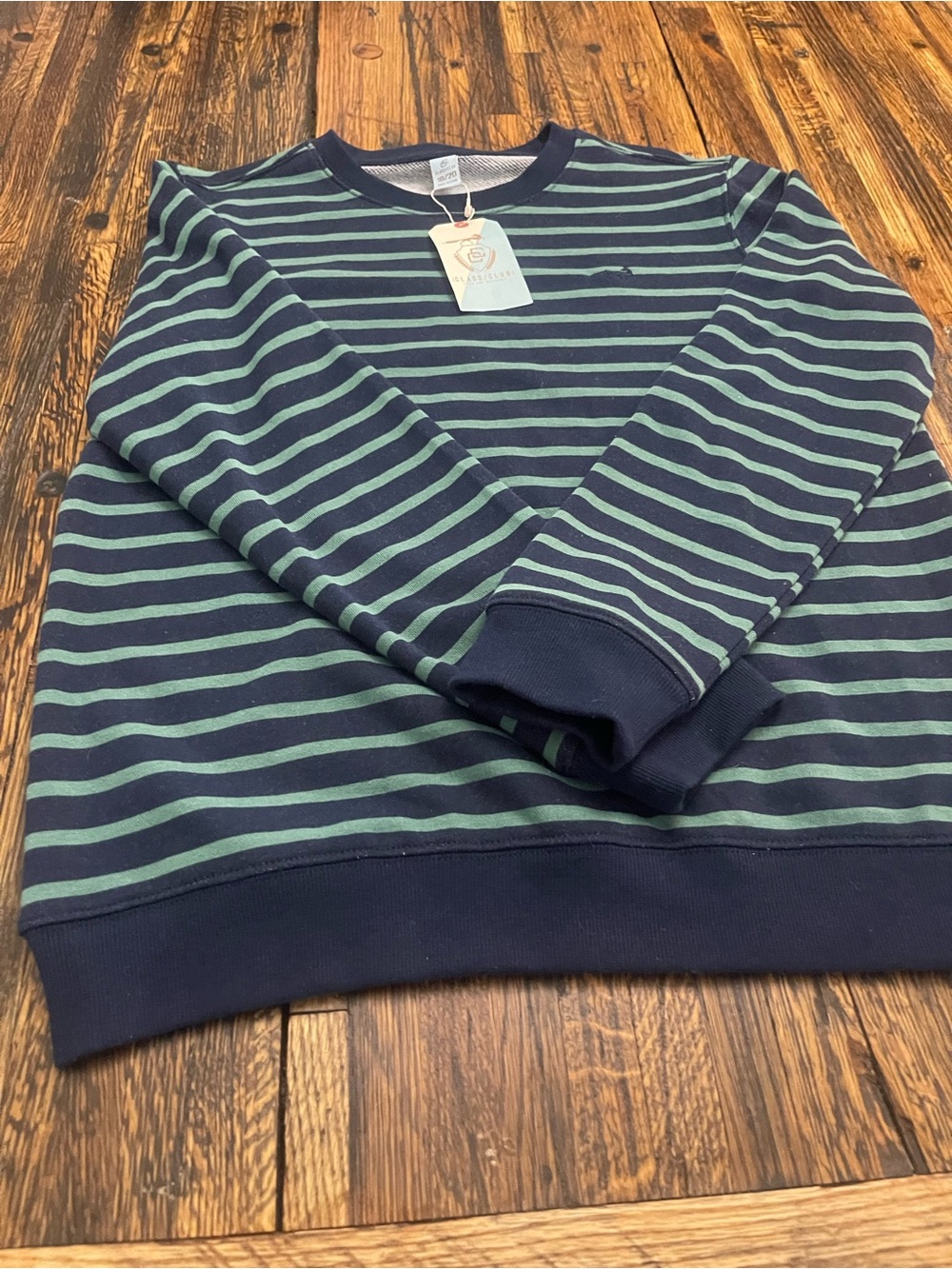 Class Club Navy and Green Striped Crewneck Sweater